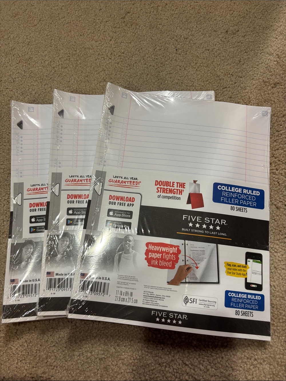 Five Star College Ruled Reinforced Filler Paper - White (3 Pack)